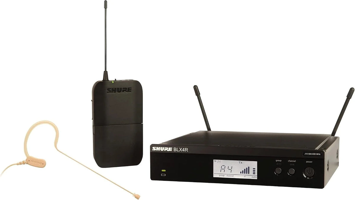 Shure BLX14R/MX53 Rack-Mount Earset Audio System H11 Band (572–596 MHz) – BLX4R Receiver, BLX1 Bodypack & MX153 Earset Mic, Up to 14 Hr Battery, 300 ft Range