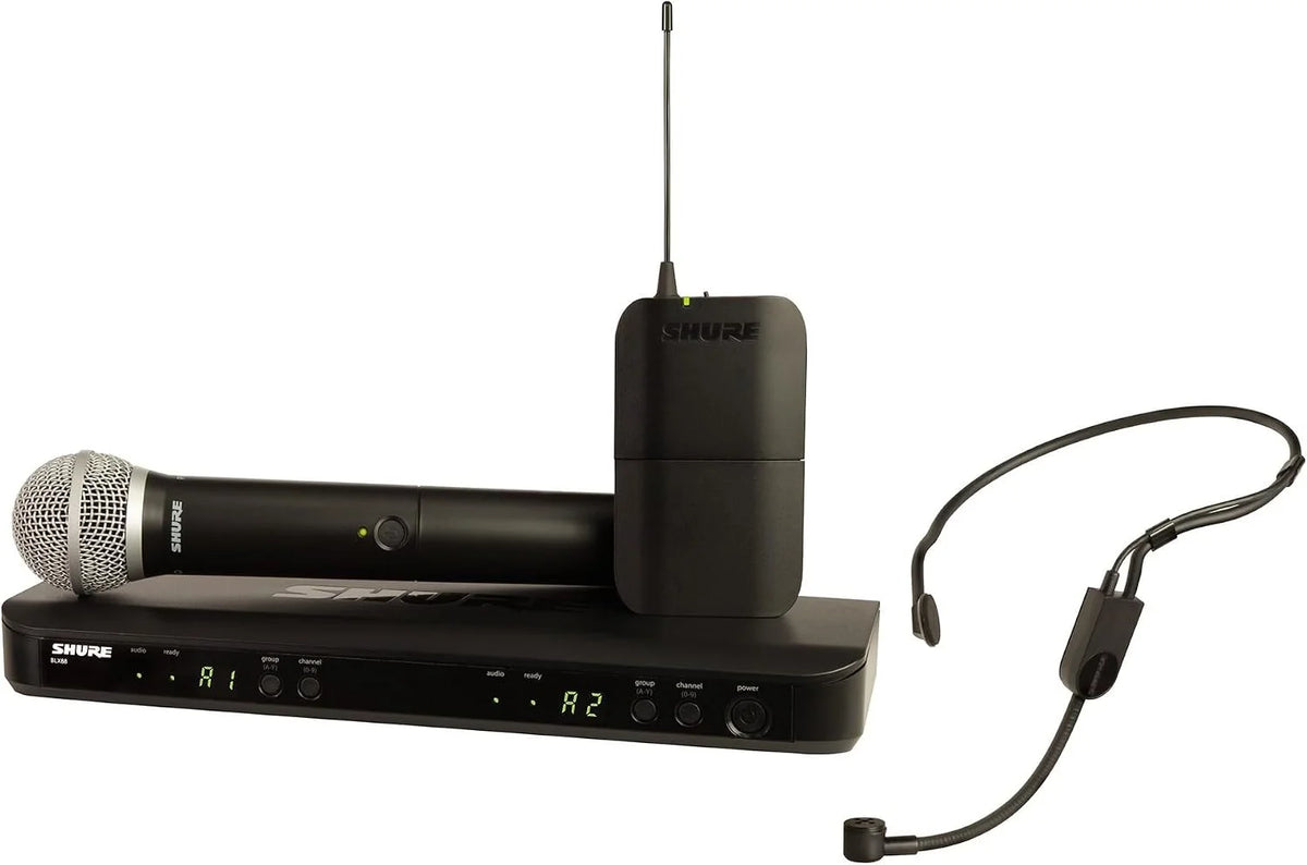 Shure BLX1288/P31 Dual-Channel Wireless Audio Kit, H11 Band (572–596 MHz) – BLX88 Receiver, PG58 Handheld & PGA31 Headset Mics – Up to 14 Hr Battery, 300 ft Range