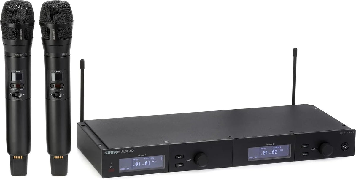 Shure SLXD24D/N8CB Dual Channel Wireless Microphone System - Includes Two SLXD2 Handheld Transmitters with Nexadyne 8/C Vocal Mic Capsules, SLXD4D Rack Mount Receiver | G58 Band (SLXD24D/N8CB-G58)