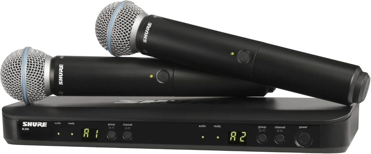 Shure BLX288/B58 Dual-Channel Wireless Audio System H11 Band (572–596 MHz) – BLX88 Receiver, (2) BLX2 Transmitters with Beta 58A Mic, Up to 14 Hr Battery, 300 ft Range