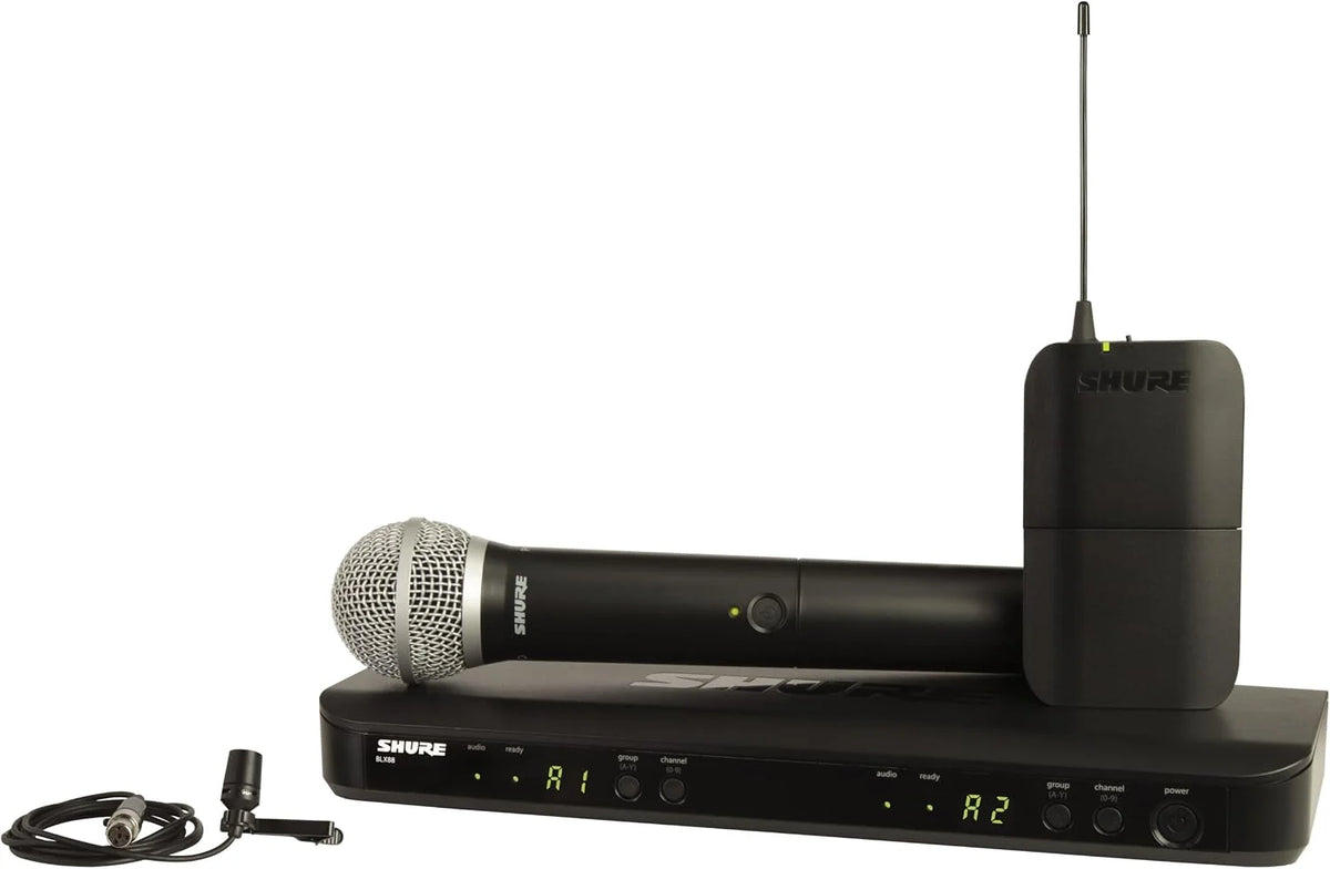 Shure BLX1288/CVL Dual-Channel Wireless Audio System, H11 Band (572–596 MHz) – BLX88 Receiver, PG58 Handheld Mic & CVL Lavalier Bodypack – Up to 14 Hr Battery, 300 ft Range