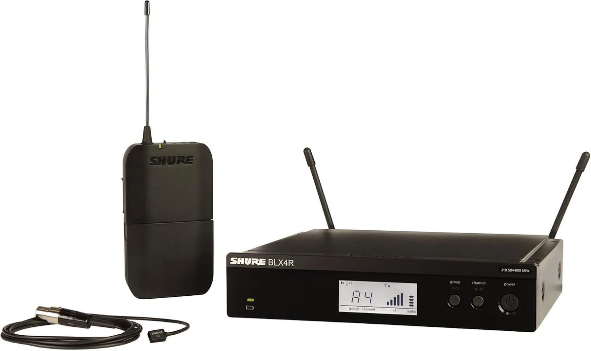 Shure BLX14R/W93 Rack-Mount Lavalier Audio System H11 Band (572–596 MHz) – BLX4R Receiver, BLX1 Bodypack & WL93 Miniature Lavalier Mic, Up to 14 Hr Battery, 300 ft Range