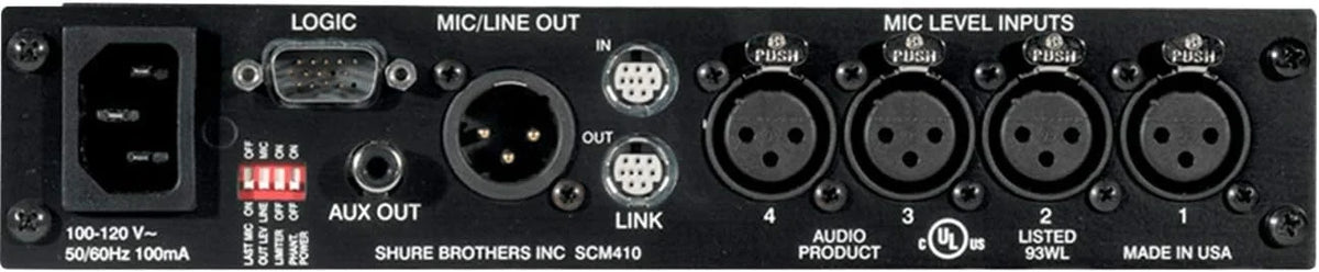 Shure SCM410 4-Channel Automatic Microphone Mixer (12V Phantom Power) with Logic Control, IntelliMix Technology and Adjustable EQ per Channel