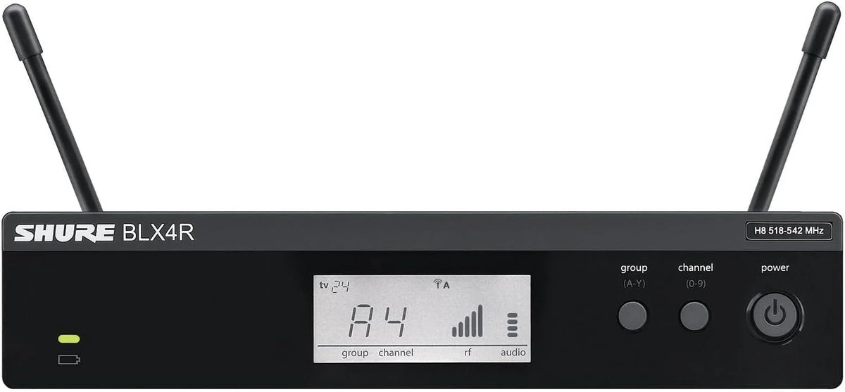 Shure BLX14R/MX53 Rack-Mount Earset Audio System H9 Band (512–542 MHz) – BLX4R Receiver, BLX1 Bodypack & MX153 Earset Mic, Up to 14 Hr Battery, 300 ft Range