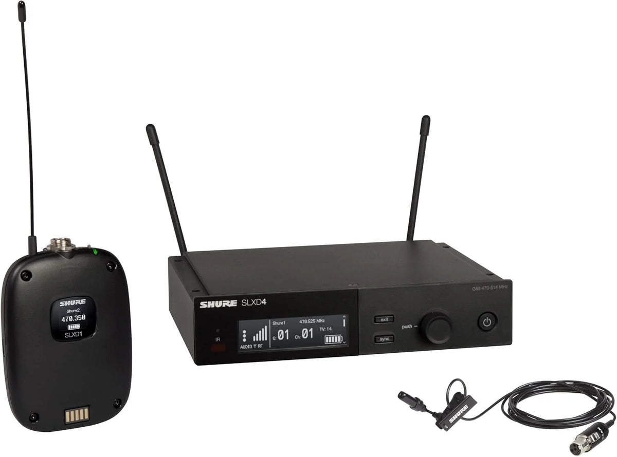 Shure SLXD14/UL4B Digital Wireless Microphone System - Includes SLXD1 Bodypack Transmitter, UL4B UniPlex Cardioid Lavalier Mic, and SLXD4 Receiver with 19" Rack Mount Kit | J52 Band (SLXD14/UL4B-J52)