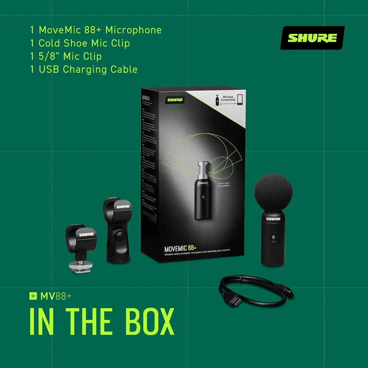 Shure MoveMic 88+ Wireless Stereo Microphone for iPhone & Android - Portable Video Recording Mic with 4 Polar Patterns, DSP Audio Controls & Direct-to-Phone Connectivity, Black