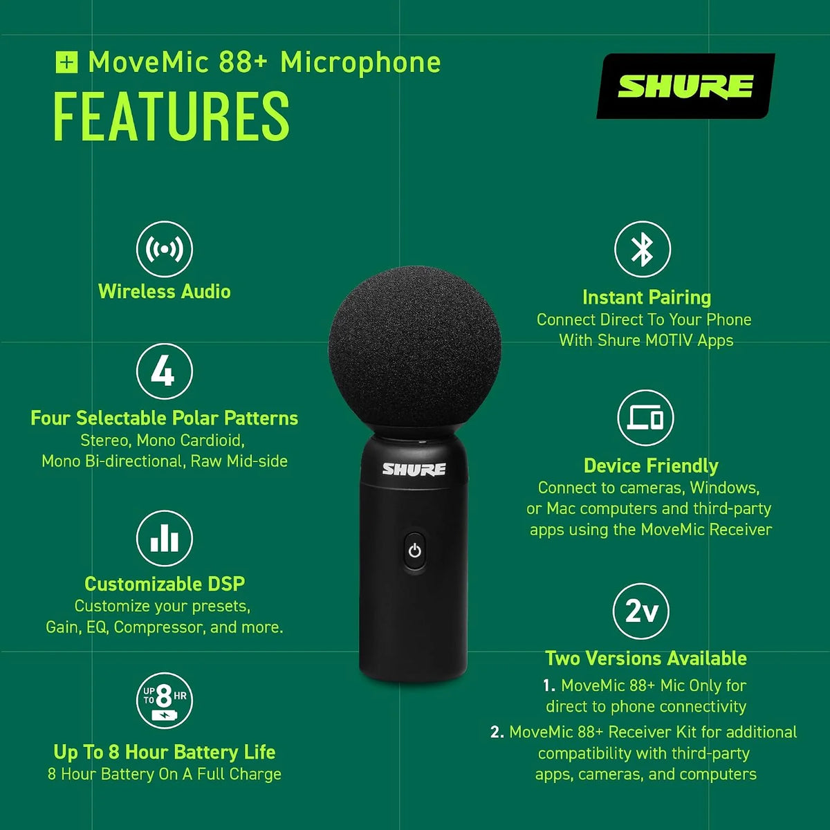 Shure MoveMic 88+ Wireless Stereo Microphone for iPhone & Android - Portable Video Recording Mic with 4 Polar Patterns, DSP Audio Controls & Direct-to-Phone Connectivity, Black