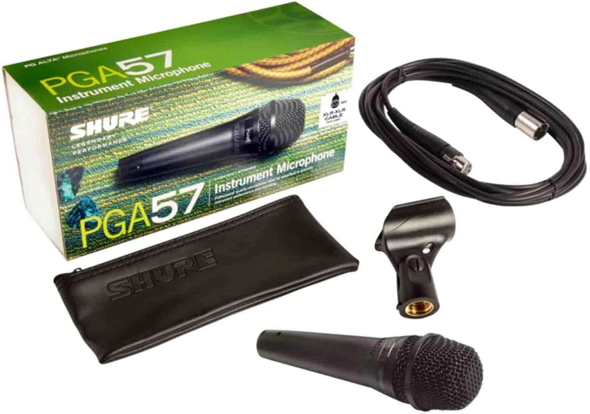Shure PGA57 Dynamic Microphone - Professional Quality Instrument Mic with Cardioid Pick-up Pattern, 3-in XLR Connector, 15' XLR-to-XLR Cable, Stand Adapter and Zipper Pouch, (PGA57-XLR)