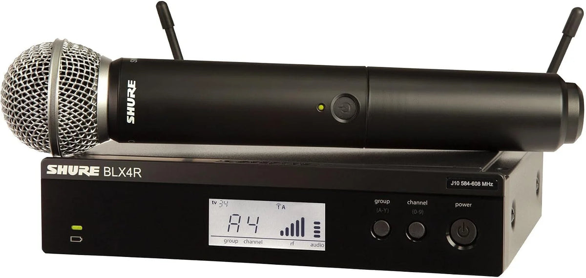 Shure BLX24R/SM58 Rack-Mount Wireless Audio System H11 Band (572–596 MHz) – BLX4R Receiver, BLX2 Transmitter with SM58 Dynamic Mic, Up to 14 Hr Battery, 300 ft Range