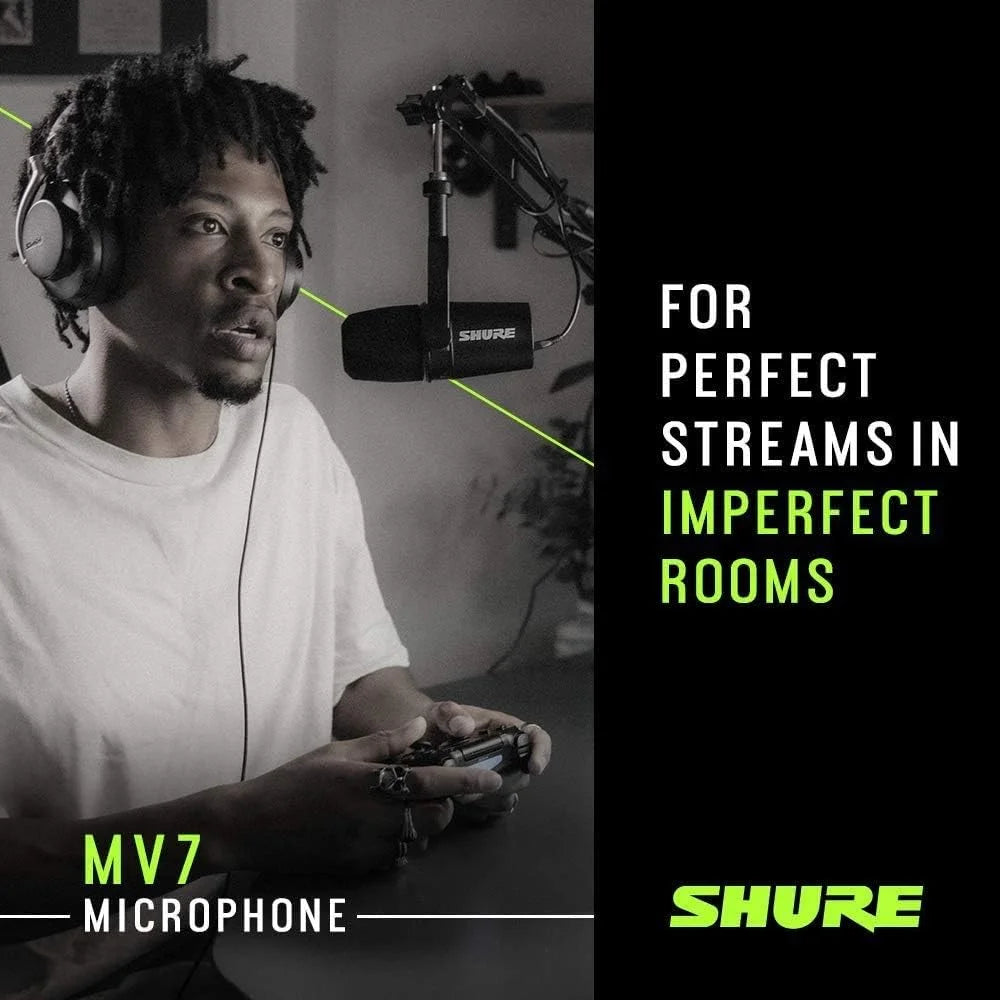 Shure MV7 USB Podcast Microphone for Podcasting, Recording, Live Streaming & Gaming, Built-in Headphone Output, All Metal USB/XLR Dynamic Mic, Voice-Isolating Technology, TeamSpeak Certified - Black