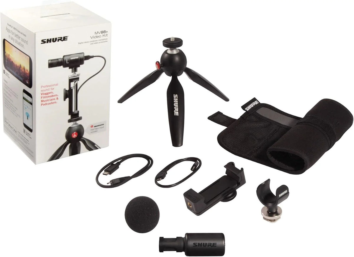 Shure MV88+ Video Kit - Digital Stereo Condenser Microphone for Apple and Android, with Manfrotto PIXI Tripod, Phone Clamp, Mount, iOS and USB-C Cables for Next-Level Connectivity (MV88+ Video KIT)