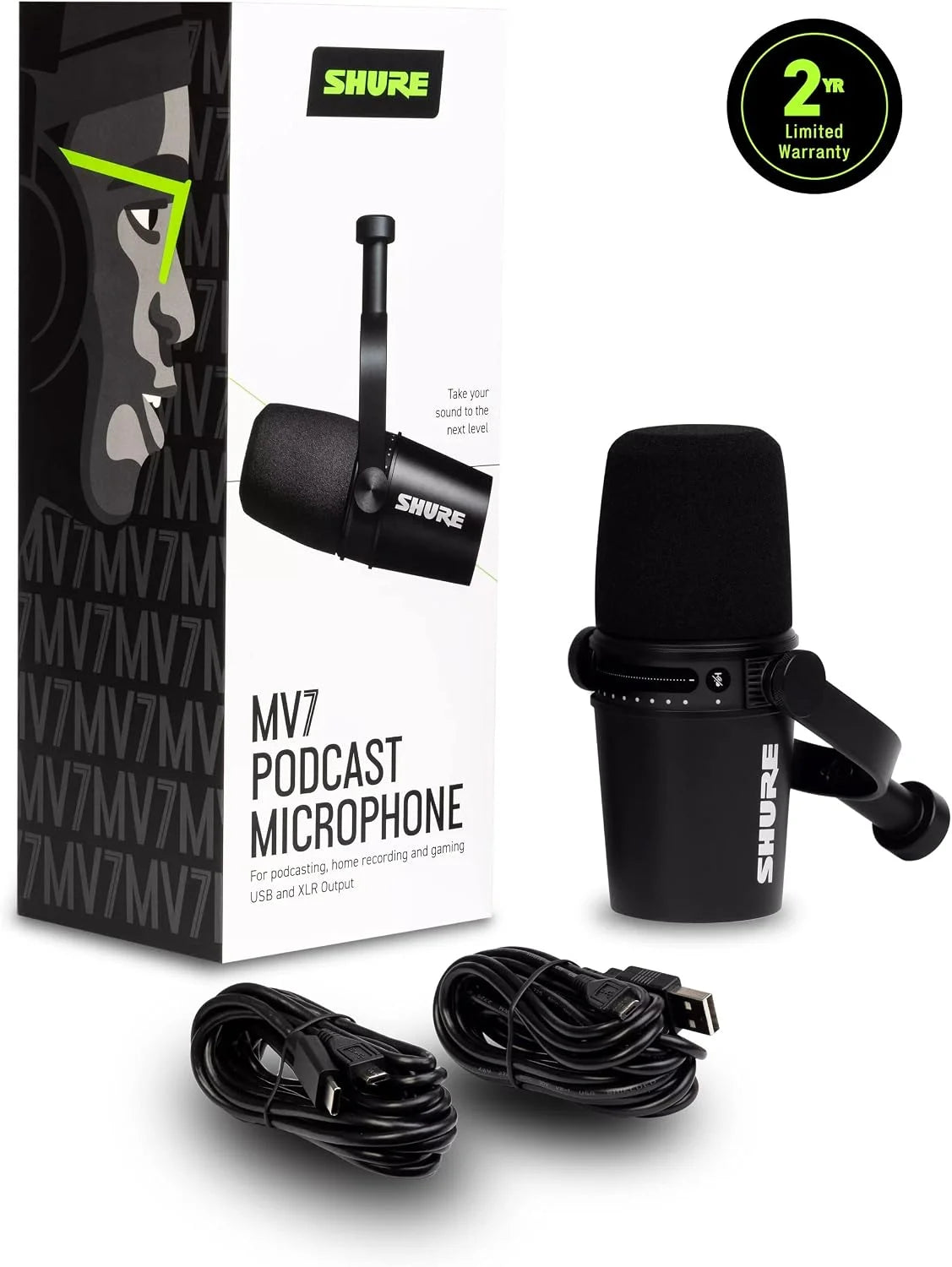 Shure MV7 USB Podcast Microphone for Podcasting, Recording, Live Streaming & Gaming, Built-in Headphone Output, All Metal USB/XLR Dynamic Mic, Voice-Isolating Technology, TeamSpeak Certified - Black