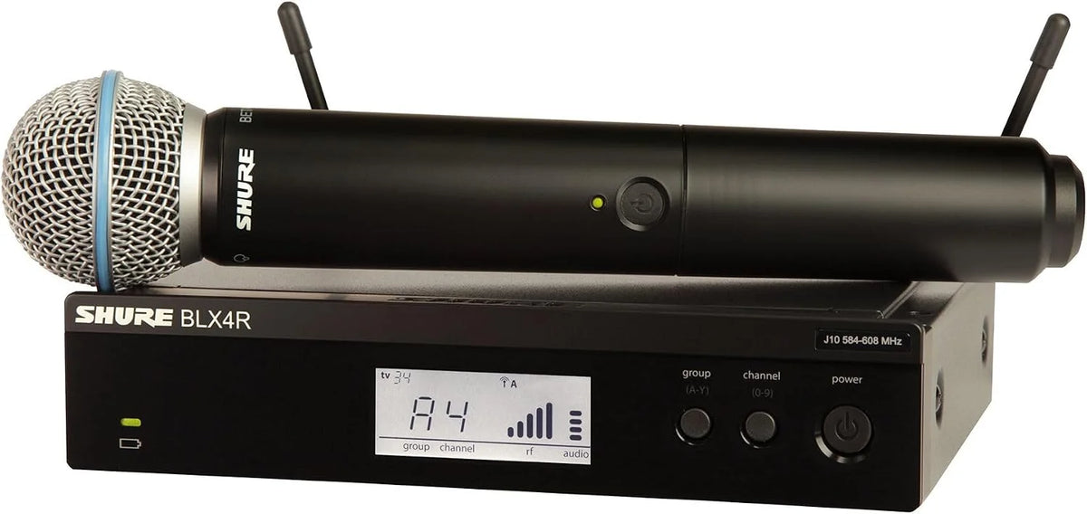 Shure BLX24R/B58 Rack-Mount Wireless Audio System H11 Band (572–596 MHz) – BLX4R Receiver, BLX2 Transmitter with Beta 58A Mic, Up to 14 Hr Battery, 300 ft Range